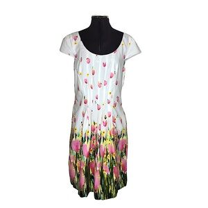 Liz Claiborne Cotton Mix Water Color Tulips Flattering Pockets Lined Dress 14P